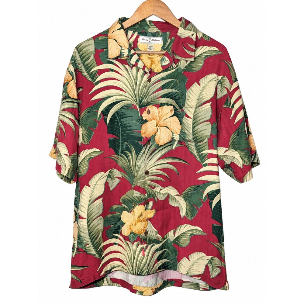 Vintage Tommy Bahama 100% Silk Hawaiian Shirt Men’s L Burgundy Tropical Floral
